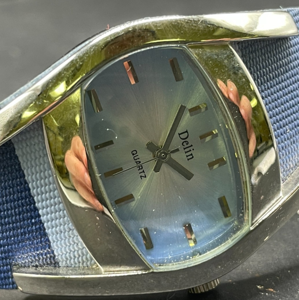 Vintage Delin Quartz Watch Women’s Silver Tone Blue Fabric Strap 36MM